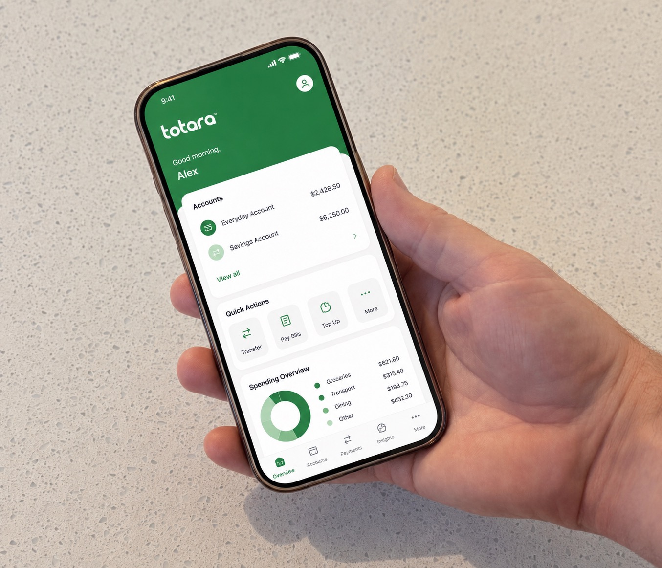 Totara banking app on a phone, showing accounts and quick actions